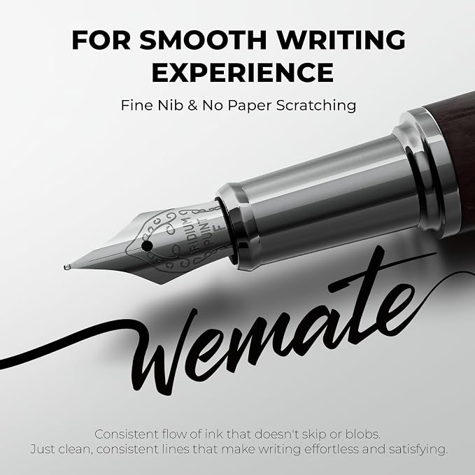 WEMATE Fountain Pen Set, Fine Nib with 20PCS 2.6MM Ink Cartridges(10 Black&10 Blue),1 Ink Converter, Nice Luxury pen for Men, Women, Cool Wooden Fountain Pen for Writing, Journaling, Calligraphy