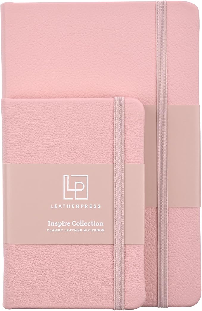 Leather Pocket Notebook, Writing Journal, Full-Grain Leather, Narrow Ruled Paper, Notebooks for Work & School, Quartz Pink (5.7" x 3.8”)