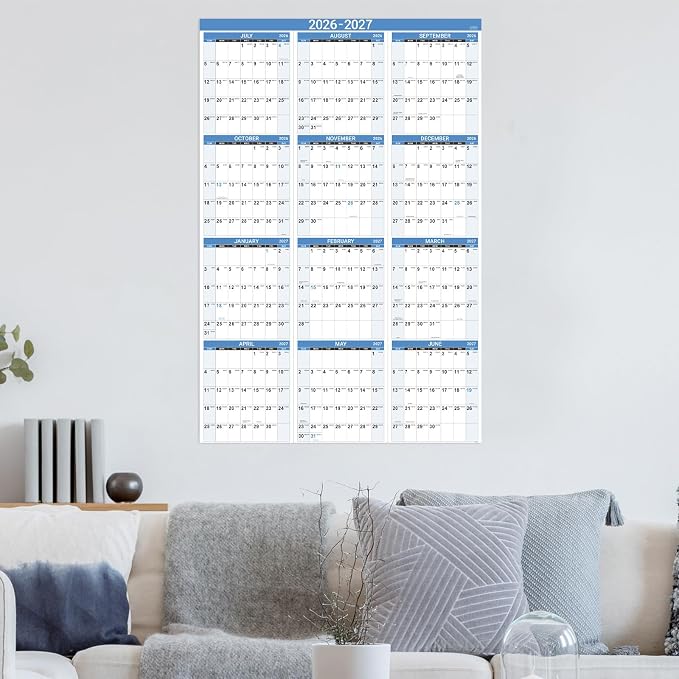 2026-2027 Yearly Wall Calendar - Calendar 2026-2027, July 2026 - June 2027 | Large Wall Calendar 26-27, 34.8" x 22.8"(Open), Full Year Calendar Large, One Page Vertical with Round Stickers - Haze Blue