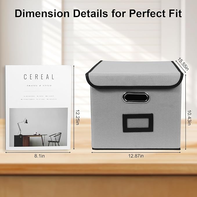 File Storage Box with Lid, 15.55x12.87x10.43 Inches, Foldable Organizer with Handles & Label Slot, for File Storage, Home, Office, and Closet Organization(2 Packs, Grey)