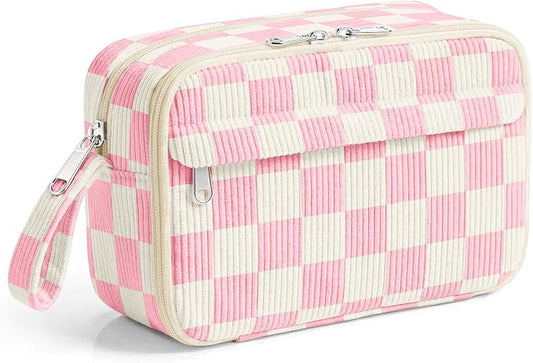 WOBAGMEN Cute Pencil Case,Large Corduroy Zippered Pencil Case Pouch, aesthetic Pencil Bag with Compartments（Pink Gingham）