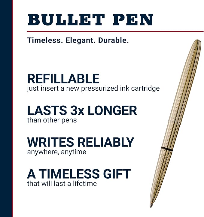 Fisher Space Pen Solar Flare Gold Titanium Nitride Bullet Pen, Pressurized Ballpoint Pen, Compact Size, Writes Upside Down, Extreme Temperatures, Black Ink, Medium Point, Gift Box, Made in USA