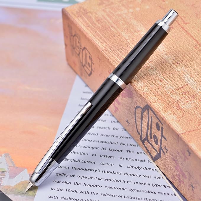 Jinhao 20 Press Fountain Pen, Piano Black Retractable Medium Nib with Ink Converter Set (Silver Clip)