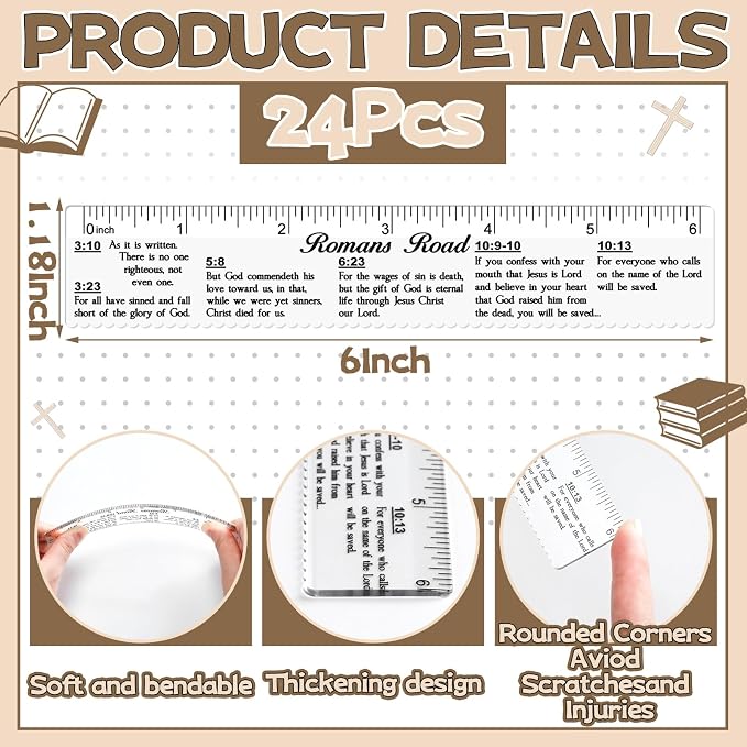 24 Pcs Clear Bible Verses Ruler with Scalloped Edge 6 Inch Christian Rulers with Books of the Bible for School Classrooms,Multitool or Bookmark(Romans Road)