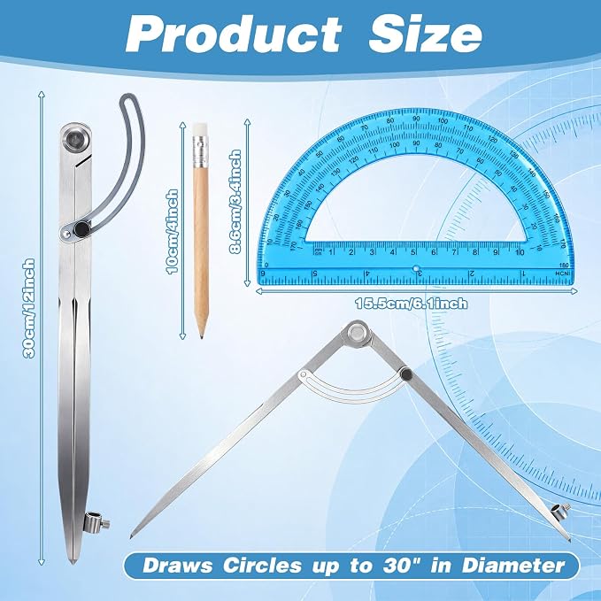Zonon Professional 12 Inch Large Compass with Wing for Woodworking and 6 Inch Protractor Set, Pencil Compass for Geometry Math Carpenter, Drafting, Drawing Tool (Blue)