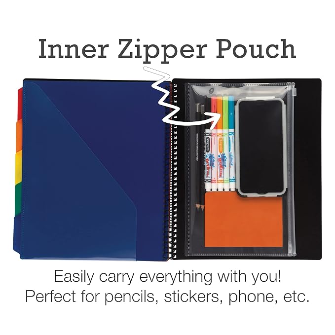 Samsill Spiral Folder Organizer (2-Pack)- 5 Dividers & 10 Pockets with Zipper Pouch, Multi Pocket Color Coordinated Folder with Customizable Tabs, Document Organizer (Basic)