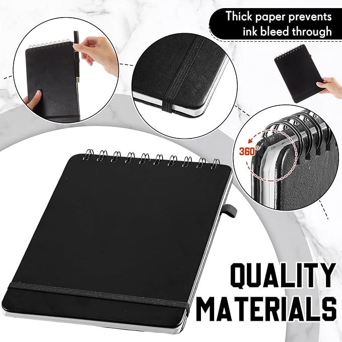 Qeeenar 4 Pack Small Spiral Notebooks 6 x 9 Inch, Black Leather Cover Top Bound Wirebound Notepads with 50 Sheets Lined Pages for Office School Travel Work Daily Notes and Lists