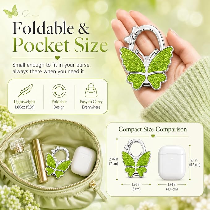 Purse Hook for Table, Foldable Handbag Hanger for Women, Portable Bag Holder with Non-Slip Base, Cute Green Butterfly Purse Table Hook for Restaurant Office Travel Gift