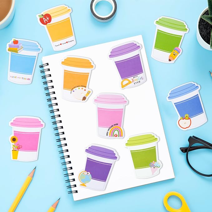 Xqumoi 30 Pack Teacher Sticky Notes - Funny Coffee Cup Self Sticky Notepads Writing Memo Pads for Teacher Appreciation Back to School Office Supplies Coffee Lover Gift Party Favors Goodies Bag Fillers