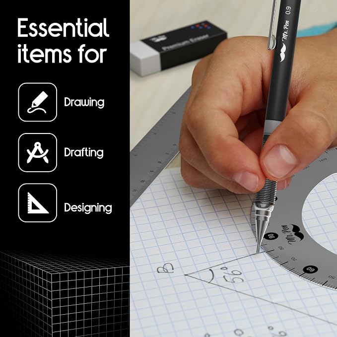 Mr. Pen- Professional Geometry Set, 17 pcs, Metal Compass | Mechanical Pencils, Rulers, Protractor & Set Squares, Lead Refills, Extra Screws & Needles, Drafting Kit for Math