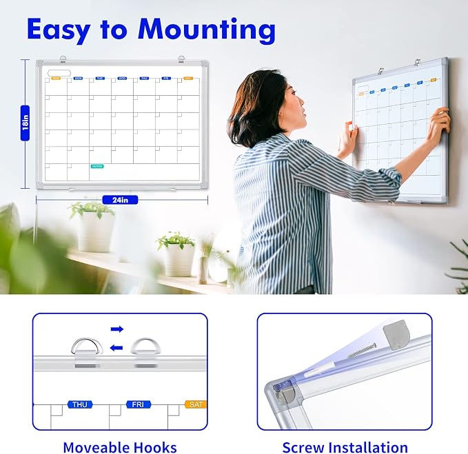 White Board Calendar Dry Erase for Wall, 24" x 18" Aluminum Frame | Magnetic Monthly Planner Board, Wall Mounted or Hanging. Calendar Design Suitable for Daily Planning of Home, Office, Class
