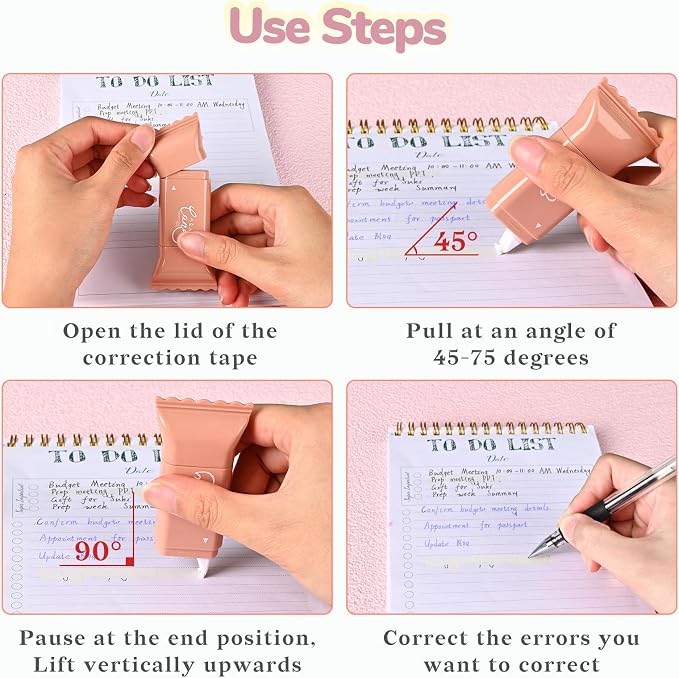 Temiary 6 Pcs White Correction Tapes, Cute White Smooth Pull Out Tape for Instant Corrections, Clean and Easy to Use Applicator for Office School Supplies (Coffee)