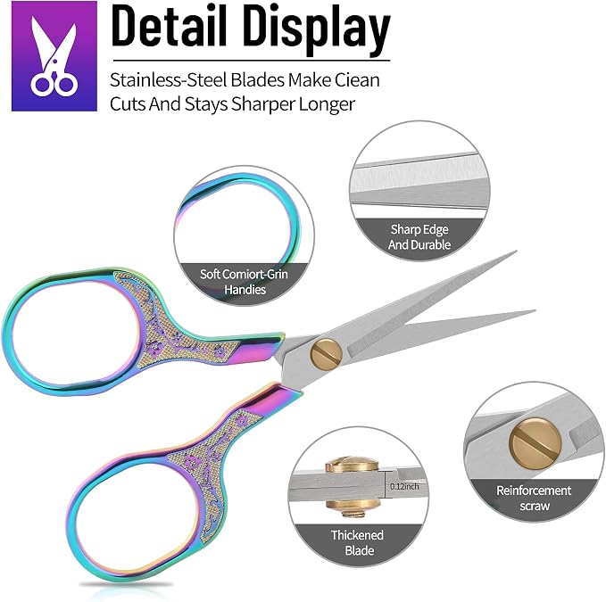 Crochet Scissors and Cross Stitch Scissors with Cover, 5 Inch Sharp Small Scissors for Crafting & Embroidery, Vintage Stainless Steel Needlework Snips for Lace Wigs, Decorative Metal Crafting Tool