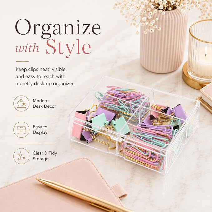 Pastel Paper Clips Binder Clips Set with Storage Box, 165 Psc, Assorted Size Decorative Office Clips, Cute Desk Accessories for School, Home Office, Planner, Journal and Documents
