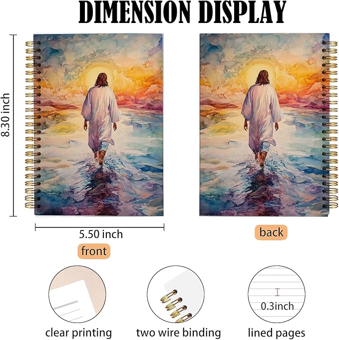 bitCNY Jesus Walking on Water Notebook 8.3x5.5 Inch – Watercolor Christian Spiral Journal, Inspirational Bible Verse Notebook, Lined for Notes & Prayer