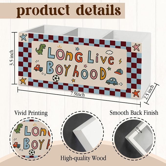 Retro Long Live Boyhood Pen Pencil Holder for Desk Accessories | Boys Room decor, Blue Red Checkered Pen Pencil Holder Organizer Wooden Box Sign for Kids Boys Nursery Playroom Classroom Desk