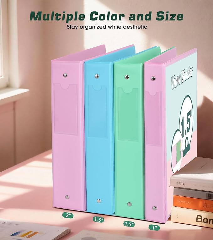 3 Ring Binder 1.5 inch，Cute Binder Organizer with 5 Tab Dividers Fits 175 Sheets of 8.5x11 Paper, Customizable Clear Cover with Inside Pockets,Aesthetic 1.5" Three Ring Binders for School Office,Green