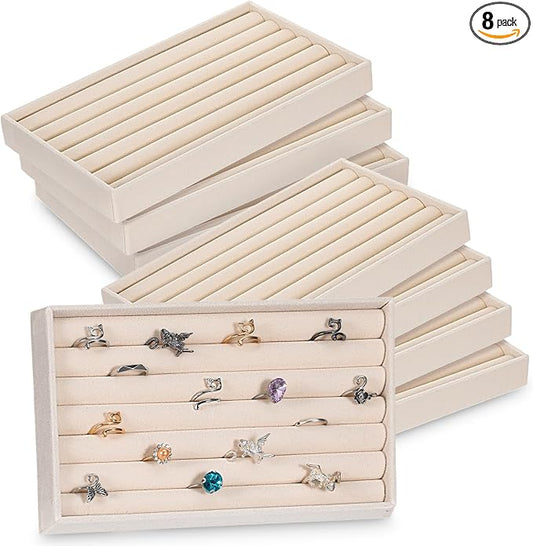 8 Pcs Velvet 7 Slots Ring Earrings Trays Showcase Display Jewelry Organizer Ring Holder Display Tray for Selling Rings Earrings Show (Beige)