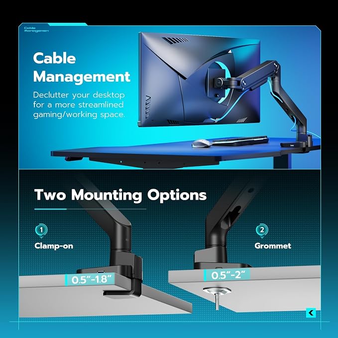 ARES WING Ultrawide Monitor Desk Arm with USB A/C for 17 to 49 Inch Screen | Pro Gas Spring, Full Range of Motion, for 75/100 Vesa Mount, for Samsung, LG Curved/Flat Monitor, Easy Install, Hold 44lbs