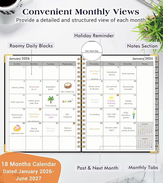 Planner 2026-2027, 18 Months Weekly and Monthly Hardcover Planner, January 2026 - June 2027, 5.75" x 8.38" A5 Daily Calendar Planner Book with Tabs, Spiral Yearly Agenda Organizer Notebook for School Work Home, Black
