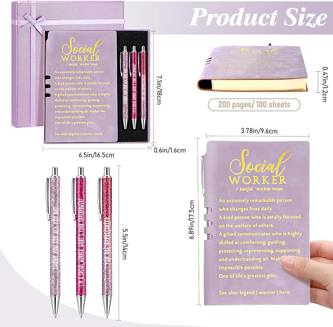 Resurhang 5 Pcs School Social Worker Must Haves Office Supplies Gift Leather Journal Notebook 3 Ballpoint Pens with Box Thank You Social Work Appreciation Gift for BSW MSW DSW(Purple)