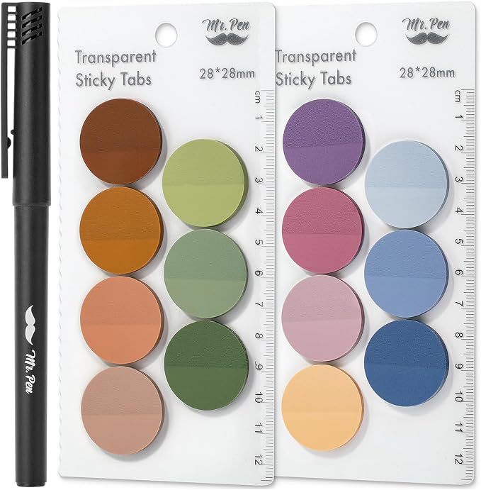 Mr. Pen- Round Transparent Sticky Notes, 1.1” Diameter, 14 Pads, 560 Sheets | Colorful, Water-Resistant See-Through Sticky Notes & Fineliner, Smooth Writing, Note Tabs for Bible Journaling, Studying