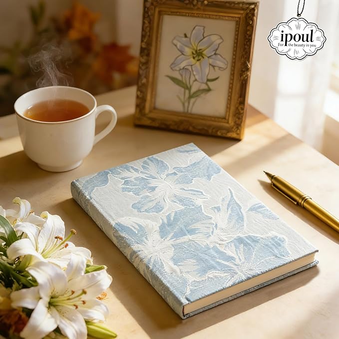 Hardcover Journal, Flower Notebook, A5, 6x8, Lined Pages, Lay-flat, Beautiful Journal for Women, Lily Flower, Blue Journal for Writing, Personal Notebook, Dream Journal, Self Care Journal