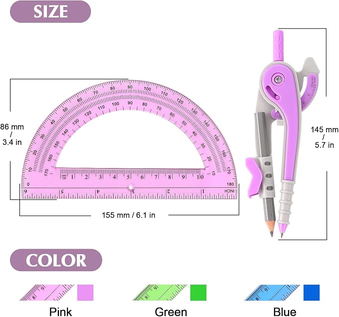 ZZTX 180-Degree Protractor and Compass Set 3 Colors | Precision drawing, 180° measurement, Student geometry