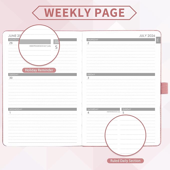 2026-2027 Planner - Academic Planner 2026-2027 Weekly Monthly Planner, July 2026 - June 2027, 5.7'' x 8.4'', Thick Paper, Leather Cover, Pen Holder, Back Pocket, Perfect Daily Organizer - Rose Gold