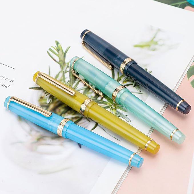 Jinhao 82 Acrylic Fountain Pen, Iridium Bent Nib with Ink Converter, Transparent Lake Blue Classic Design Calligraphy Pen (Gold Trim)