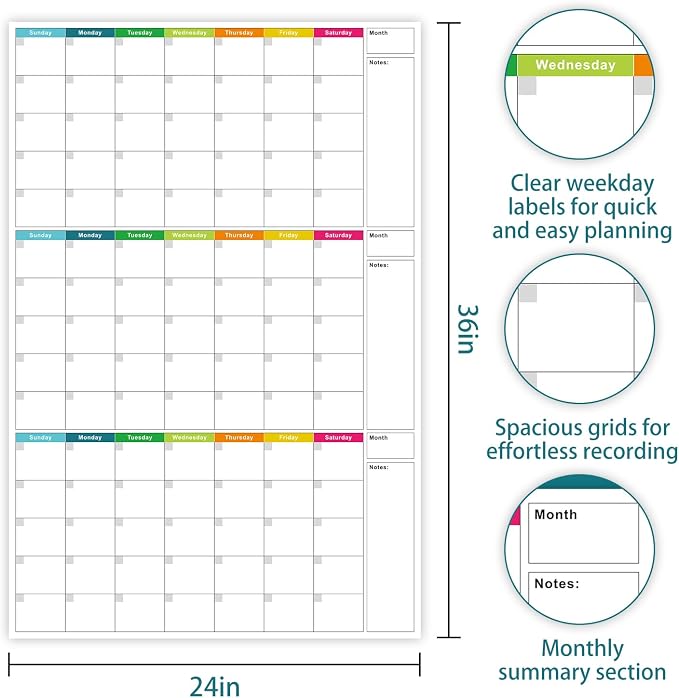 Dry Erase Calendar for Wall 24x36in Undated 3 Month Celendar with 4 Markers | Colorful Layout Reusable PET Erasable Surface, Large 3-Month View, Easy to Write and Wipe Clean