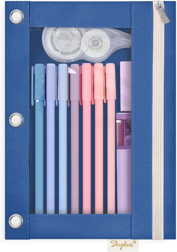 SKYDUE Pencil Pouch for 3 Ring Binder, Zipper Pencil Pouches for Girls Boys, Clear Window Pencil Bag, 3 Ring Pencil Pouch Case for Binder, Durable Organizer for School Supplies