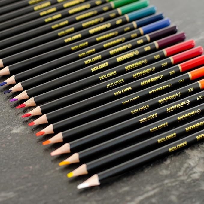 Kores - Kolores Selection: 24 Coloured Pencils for Adults & Artists, FSC wood with Soft Lead, Triangular Shape, Premium Arts and Hobby Supplies, Set of 24 Assorted Colours in metal case