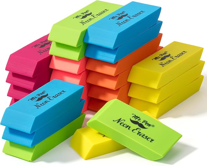 Mr. Pen- Pencil Eraser, 24 Pack, Neon Colors | Large Latex Free Block Erasers Bulk for School, Office, Art Sketching, Homework, Exams, Clean Smudge-Free Correction