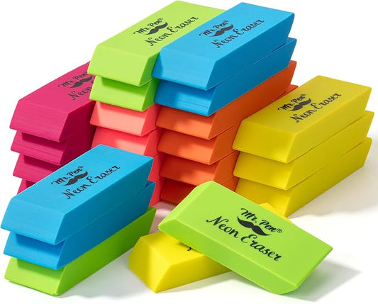 Mr. Pen- Pencil Eraser, 24 Pack, Neon Colors | Large Latex Free Block Erasers Bulk for School, Office, Art Sketching, Homework, Exams, Clean Smudge-Free Correction
