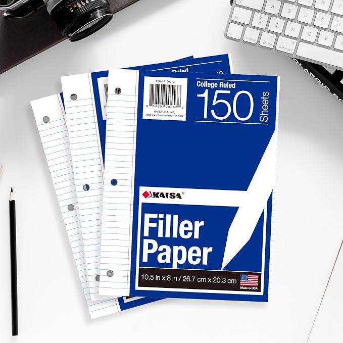 Kaisa Filler Paper Notebook Paper College Ruled 8"x10.5" Loose Leaf Paper for 3-Ring Binders 1800 Sheet/pack,12pack (Total 1800 Sheets)