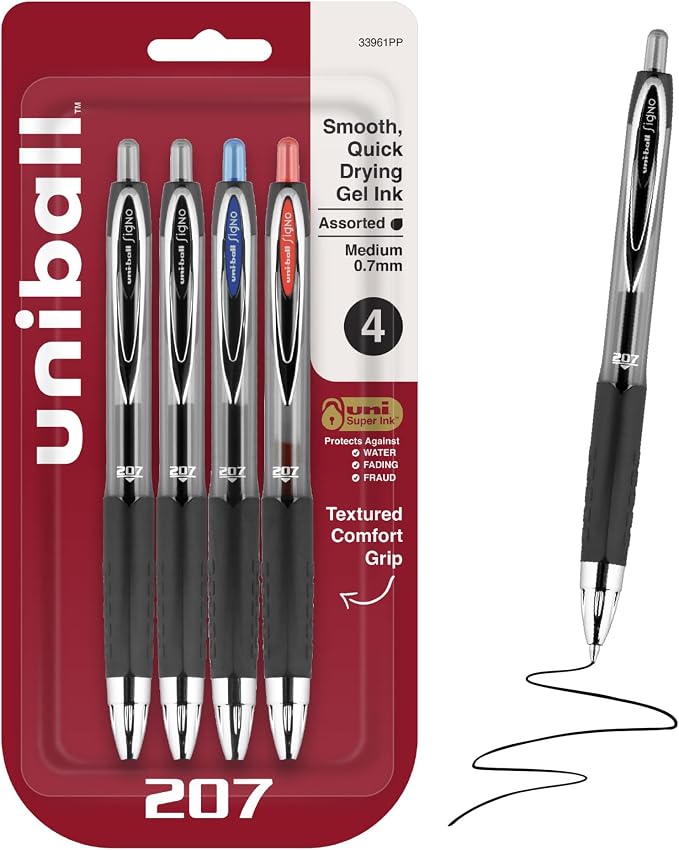 uniball™ 207 Gel Pens, Assorted Ink, 0.7mm Medium Point, Retractable, 4 Count, Smooth Writing, Fraud-Resistant, uni Super Ink™