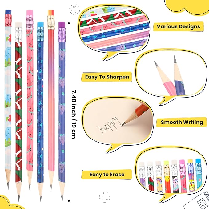 Sabary 300 Pcs Assorted Wood Pencil Bulk 50 Styles #2 HB Colorful Novelty Fun Dinosaur Animals Fruits Sports Pencils with Erasers for Teacher Reward