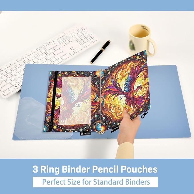 Phoenix Fire Wing Rainbow Glass Pencil Pouch for 3 Ring Binder 2 Pack Zipper Binder Pencil Bag with Clear Window Pencil Case for Office Supplies