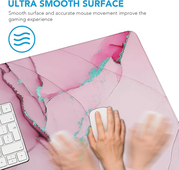 Large Mouse Pad, Gaming Pad with Non-Slip Rubber Base, Waterproof Mousepad with Stitched Edges, XXL Computer Long Keyboard Mouse Mat for Gamer, Office & Home, 31.5" x 15.7", Marble Pink