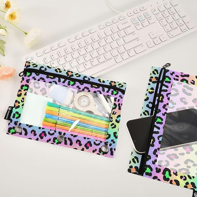 Gredecor Binder Pencil Pouch 3 Ring Neon Gradient Leopard Spots Zipper Pencil Pouches Case 2 Pack Clear Binder Organizer for School Office