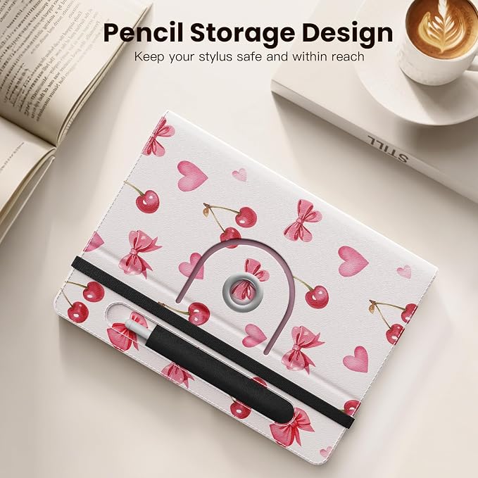 MoKo for Universal 11 inch Android Tablet Case with Pen Holder, Cherry Bow | Fits All 9.6-11 inch Tablets, Slim 360 Degree Rotating Cover, Multi-Angle Stand, Front Pocket, No fit iPad/NO back opening