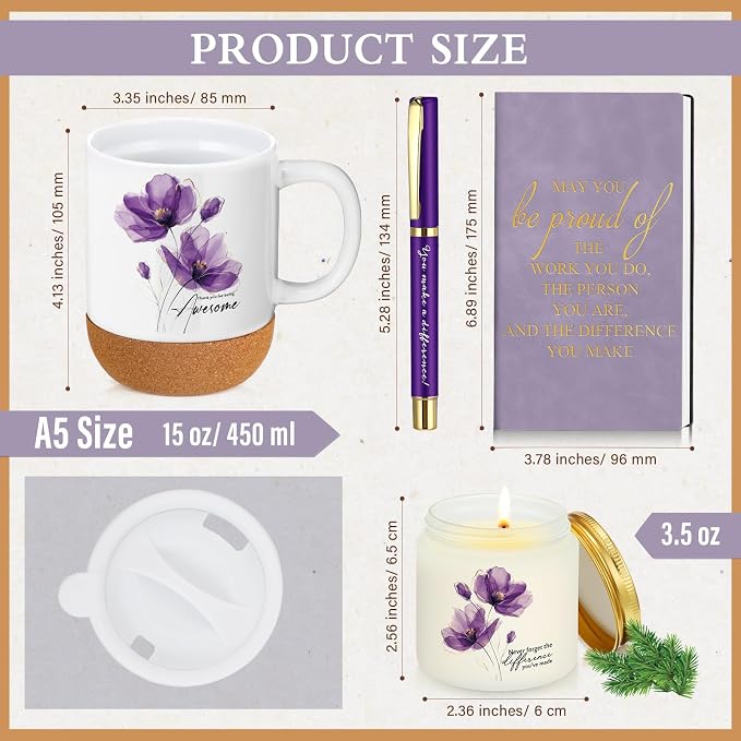 Sayglossy 4 Pcs Thank You Gift Set for Women Back to School Teacher Appreciation Gift Leather Notebook Purple Flower Coffee Mug Scented Candle Ballpoint Pen for Employee Coworker DSP Housekeeping Week