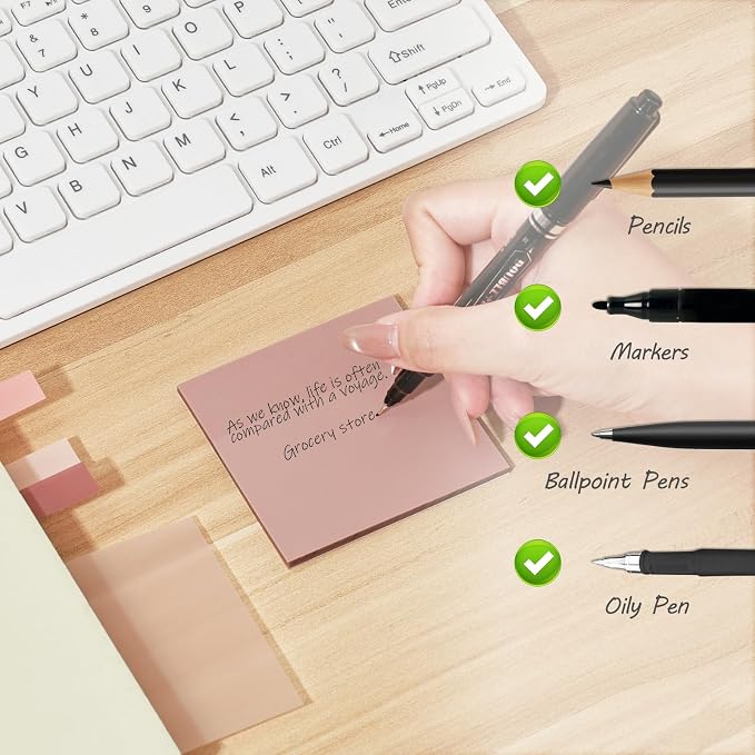 BAYTORY 500 Sheets Transparent Sticky Notes, 3 x 3 Inch Colored Memo Pads | Self-Stick Notes, Waterproof See Through, for Office & School Study Supplies