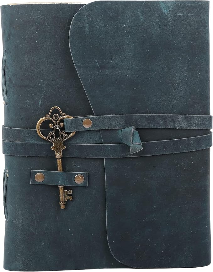 Leather Journal with Deckle Edge Paper 8x6 inch and Vintage Key | Handmade Writing Notebook Diary | Bound Daily Notepad for Men & Women Medium, Sketch/Writing pad for Artists