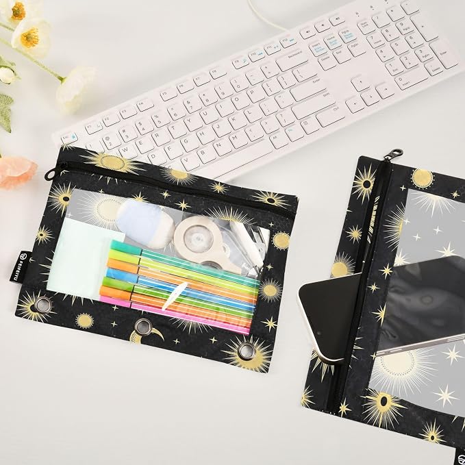 Gredecor 3 Ring Binder Pencil Pouch, Golden Moons Stars Zippered Pen Case Pouches with Clear Window, 2 Pack Stylish Office & School Supplie