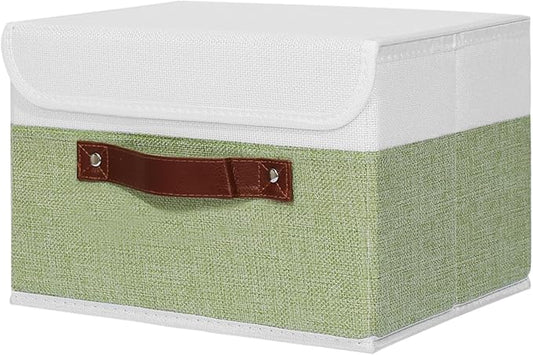 ANMINY Storage Boxes with Lids Washable Decorative Storage Bins Basket with PU Leather Handle Foldable Linen Fabric Storage Cubes Containers for Home Closet Organizer - Green White, Medium