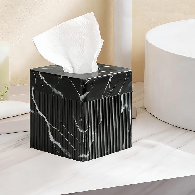 Tissue Box Cover Square Resin Tissue Holder for Home Decor, Hand Poured Marble Tissue Box Holder, 5 x 5 x 5.5 inches, Black