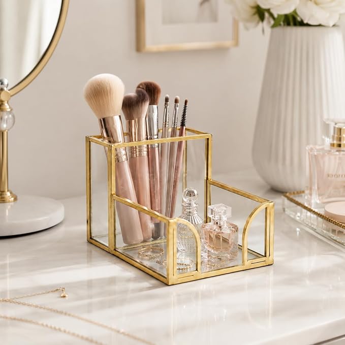 Feyarl Gold Glass Note Holder with Pen Pencil Cup 3x3 Inch Sticky Notes Desk Organizer Markers Pen Storage Desktop Accessory for Office Home Classroom