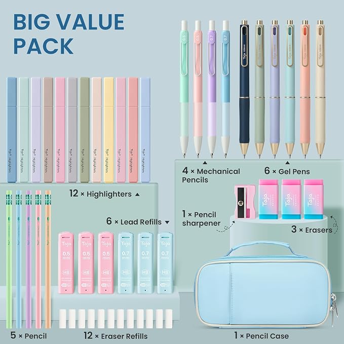 Cute Pencil Case With Supplies, 39 PCS Aesthetic Stationery Set with Pencil Pouch, 6 Black Ink Gel Pens, 12 Pastel Highlighters, 5 #2 HB Pencils, 4 Mechanical Pencils, Back to School Supplies - Blue
